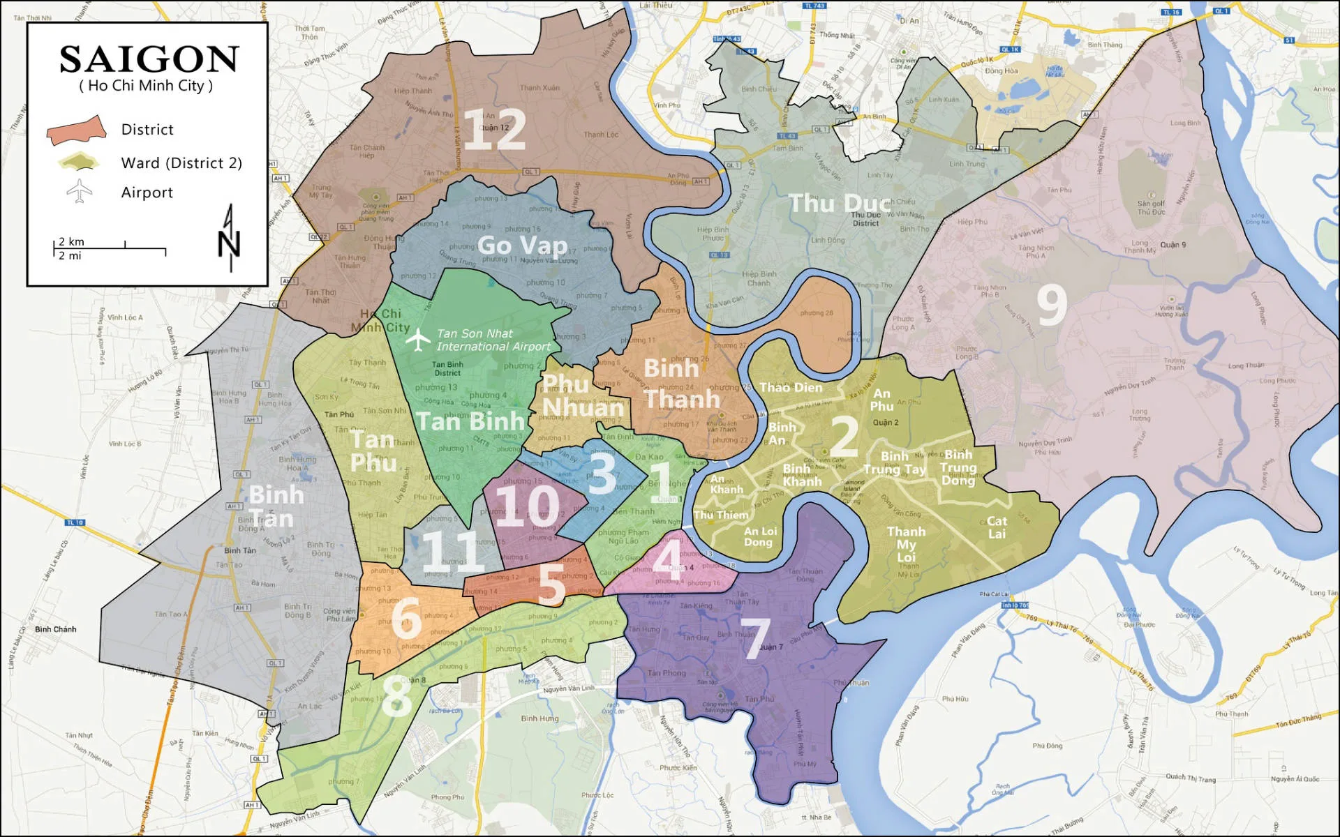 mappa di Saigon suddivisa in quartieri